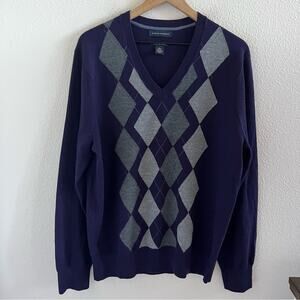 Banana Republic Extra Fine Merino Wool Men's Sweater Purple Gray Diamond Check L